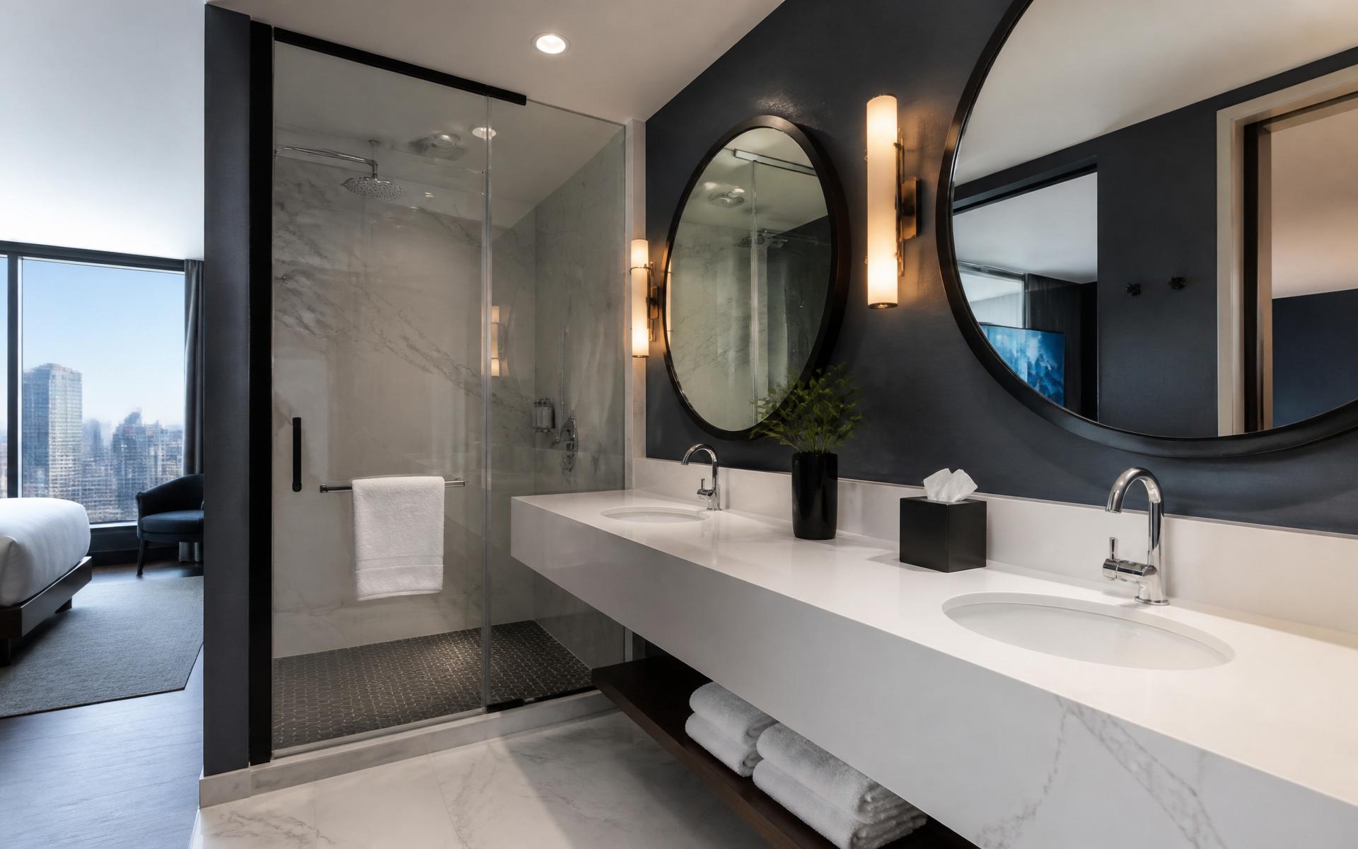 Luxury commercial hotel bathroom with restored cultured marble surfaces